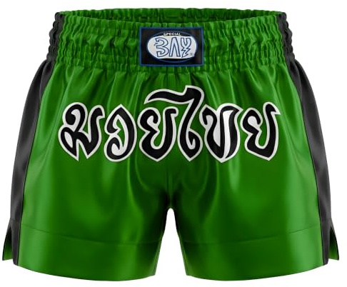 BAY Remy Thaiboxhose Grün/Schwarz kurz für Kinder und Erwachsene S - XXL | Sporthose für Muay Thai, aufgenähte Thaischrift, Seitenschlitze, elastischer Gummizugbund mit Tunnelzug für sicheren Halt
