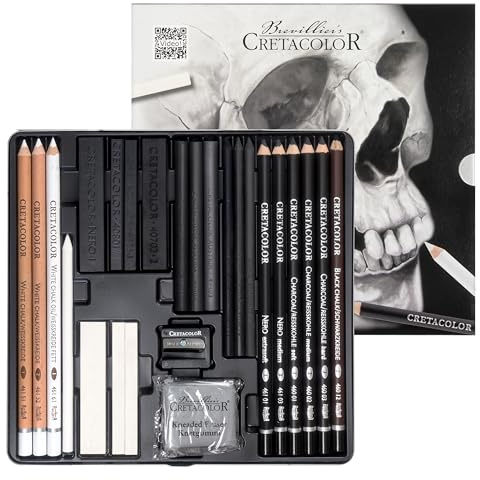 Cretacolor Black & White Box „Skull“ – 25-teiliges Schwarz-Weiß Zeichen-Set mit Stiften, Künstlerminen, Kohle, Spitzer & Radierer – Zeichenmaterial für Skizzen, Portraits & Illustrationen