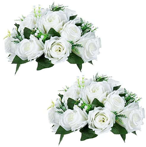 2 Pezzi Fiori Artificiali, Rose Plastica a 15 Teste con Base, Adatte per Centrotavola Matrimonio del Nostro Negozio Fioriera per Decorazioni per la Casa di San Valentino (Bianco)