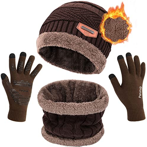 Petrunup Hut Loop Schal und Handschuhe Touchscreen Gestrickt Warm 3Pcs Winter Mütze Halswärmer und Handschuhe Set Unisex Braun