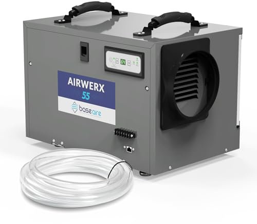 BaseAire AirWerx55 Dehumidifier for Crawl Space Basement,120 Pints Commercial Dehumidifier with Continuous Drain Hose, Intelligent Humidity Control, Auto Shut off/Restart
