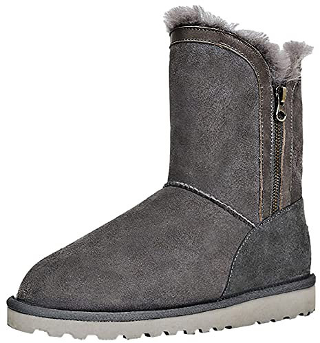 ANUFER Donna Vera Pelle Scamosciata Metà Polpaccio Stivali da Neve con Fodera in Pelliccia Sintetica Spessa Grigio SN02952 EU35.5