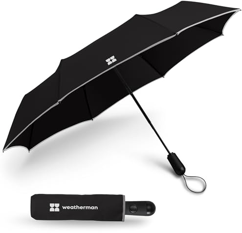 Weatherman Premium Mini Umbrella – compact, windproof design with easy auto open. Withstands up to 45 MPH winds. Durable fiberglass frame. Perfect for travel, car, or backpack. Sleek (black) finish.