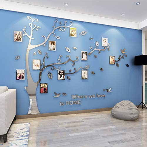 Wandtattoo Baum 3D DIY Wandaufkleber Family Stammbaum Fotowand Baum Wandtattoo Wall Sticker mit Bilderrahmen Foto Wandsticker Wanddeko Deko Wohnzimmer Schlafzimmer (Silber Rechts,XL)