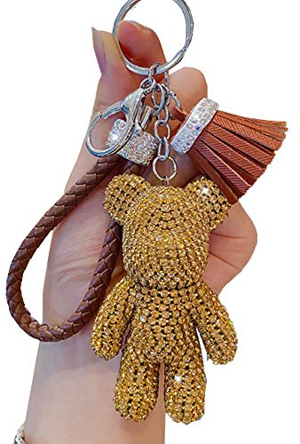 Ojexus Teddybär-Schlüsselanhänger, Goldfarbene Quaste, Kordel, Glitzernde Schlüsselanhänger, Autozubehör - Braun, Mädchen