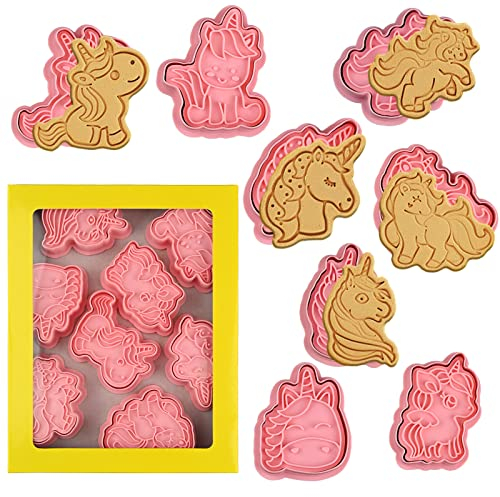 8 Piece Unicorn Cookie Cutter Set With Plunger Stamps - Unicorn Head Embossing Stamps For Biscuit Fondant Cheese Baking