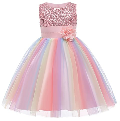 Ragazze Principessa Abito Paillettes Tulle Fiore Arcobaleno Colletto Rotondo Senza Maniche Abito Formale Festa di Compleanno Matrimonio Damigella D'onore Ragazza Abiti da Sera per 3-9 Anni(rosa)