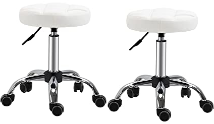 HOMCOM 2er-Set Rollhocker höhenverstellbar, Drehhocker 48-63 cm, Arbeitshocker 360° drehbar, Bürohocker für Büro, Salon, Massage, Spa, Weiß