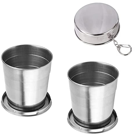 2 Piezas Taza Plegable de Acero Inoxidable, Tazas de Viaje Telescópica Portátil y Reutilizable, Copa de Viaje Plegable con Tapa Protectora y Llavero, para Senderismo Exterior Cámping Deportes, 250ml