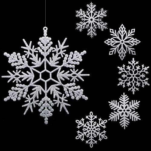 BBTO Large Snowflakes Ornaments 12 Glitter Giant Plastic Snowflake Decorations Oversized Winter Christmas Hanging Decor for Indoor Outdoor(Silver,12 Pack)
