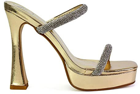 Womens High Heel Platform Shoes Ladies Diamante Double Strap Square Toe Slip On Heeled Mule Sandals Size 3-8
