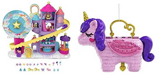 Polly Pocket HBT13 - Regenbogen-Einhornspaß Freizeitpark, 3 Verschiedene Freizeitpark-Attraktionen, 7 Spielbereiche & GVL88 - Einhorn-Party, großes Spielset mit Kleiner Polly und Lila Puppe