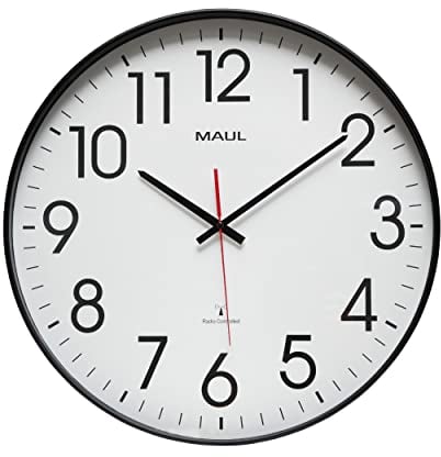 Maul Wanduhr Ø 47cm MAULride | Funkuhr mit automatischer Zeiteinstellung | Uhr aus Mineralglas & bruchsicherem Kunststoff | ideal als Bürouhr, Küchenuhr, große Wanduhr | Schmaler Rahmen 0,6 cm
