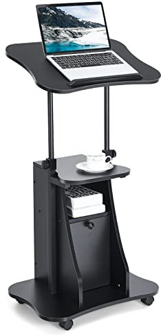 CASART Mobile Computer Desk, Height Adjustable Standing Table with Wheels & Storage Cabinet, Working Writing Rolling Laptop Cart Portable Sit Stand Desk for Home Office (Black)