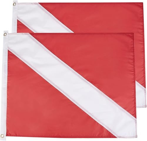 2pcs Diver Down Flag with Golden Grommets 20 x 24 Inch - Double Stitched Nylon - Red and White Diving Flags for Scuba Dive Spearfishing Freediving,Use with Float,Buoy,Boat,Flagpole