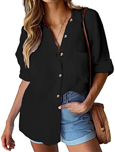 HOTOUCH Women Casual Blouse Cotton Long Sleeve Shirt Elegant Shirt Blouses with Buttons V-Neck Casual Work Shirts Black XL