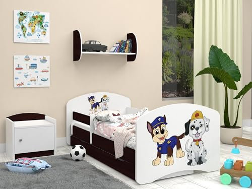 Happy Babies Bett für Kinderzimmer 160x80 mit Schublade, Bett und Matratze für Mädchen, Kinderbett mit Schutz vor dem Herausfallen und Einer Schublade, Einzelbett, Hundemotiv, Junge - Weiss (Venge)