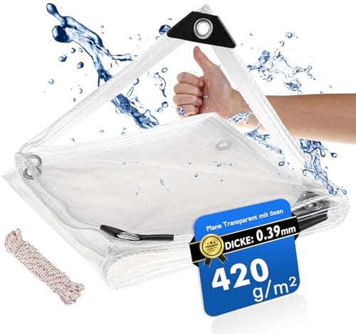Plane Transparent mit ösen 2x2m, Abdeckplane Wasserdicht mit Seil, 420g/m² PVC Outdoor Vorhang für GartenmöBel GewäChshaus Pavillon Balkon