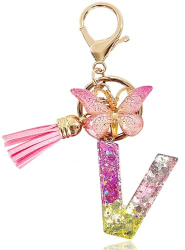 Yanmucy Porte-clés alphabet violet mignon avec pendentif papillon et pampille en résine pour sac à breloques nom porte-clés pour femme et fille, V, taille unique