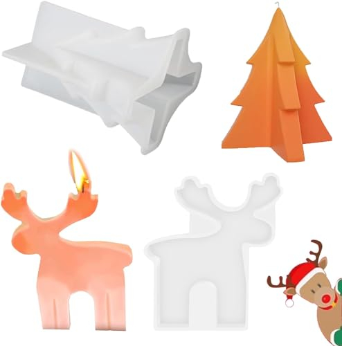 Dreidimensionale Weihnachtsbaum 2 Stück Silikonform Tannenbaum, Silikonform Elch, Silikonformen Gießformen Weihnachten, Silikonform Hirsch für Kerzenherstellung Diy Handwerk Dekoration