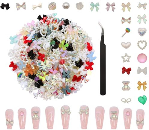 VEGCOO 500 Pcs 3D Nail Charms, Multi Shapes Bowknot Flower Pearls - Nail Art Accessories for Women Girls DIY Decoration Craft Jewelry