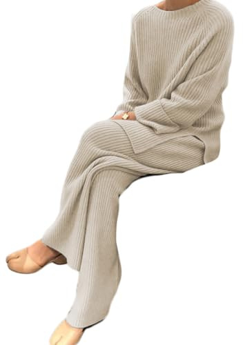 Onsoyours Damen 2 Stück Strickanzug aus Langarm Strickpullover Und Lange Jogginghose Zweiteilige Beiläufig Outfit Freizeitanzug Sportanzug Loungewear Set