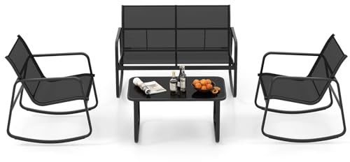 COSTWAY Muebles Jardin Exterior 4 Piezas, 2 Mecedoras y Sofá de 2 Plazas con Mesa con Tapa de Cristal, Mesa y Sillas Terraza, Conjunto Jardin Exterior Balcon (Negro)