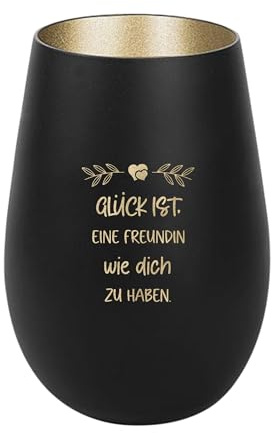 Der-Porzellan-Laden Windlicht mit Gravur Schwarz Gold Tischdeko modern | Glück ist eine Freundin wie Dich zu haben, Teelichthalter aus Glas mit Spruch