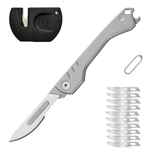 YANC Skalpell Klappmesser mit 20 auswechselbare Klingen Figur 24, Mini Messer Taschenmesser Einhandmesser Edelstahl mit Schlüsselanhänger Messerschärfer für Angeln Camping Notfall DIY Basteln