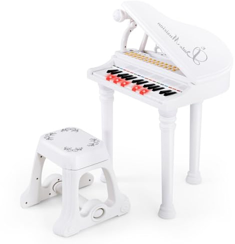 KOMFOTTEU Clavier Enfants 31 Touches, Microphone, 8 Effets Percussion Blanc | Piano Numérique, 4 Styles d'Accompagnement, Piano électronique avec Tabouret, Clavier pour Enfants