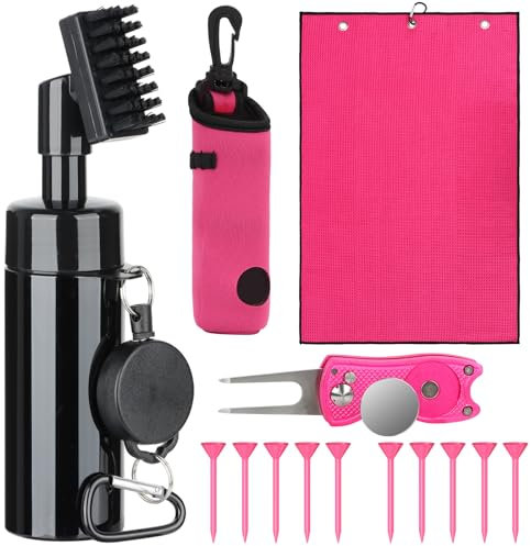 HUIJUTCHEN Golf Accessories Golf Club Cleaner Brush with Water Spray Bottle Golf Groove Cleaner Microfiber for Golf Bags with Retractable Clip Golf Towel Kit Golf Present For Men (Pink)