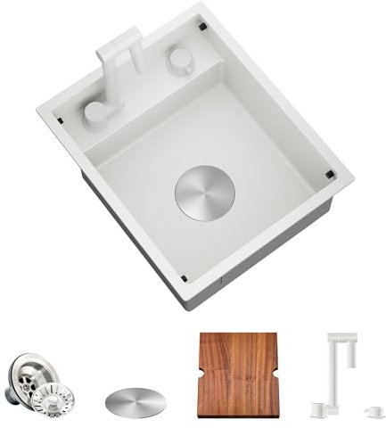 TORVA Weiße Arbeitsstation-Unterbauspüle für Bar, Wohnmobilküche mit eingebautem, faltbarem Wasserhahn – 16 Gauge Edelstahl, 38,1 x 45,8 x 17,8 cm