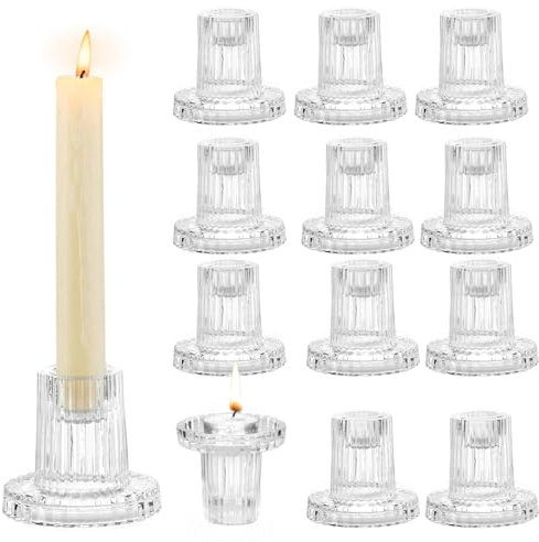YSWOVUO 12er Set Kerzenhalter Glas, 2-in-1 Kerzenständer Teelichthalte, Kerzenhalter Stabkerze für Dekoration Hochzeit Tischdeko Weihnachten Advent Wohnzimmer Party Esstisch Vintage Deko, Transparent