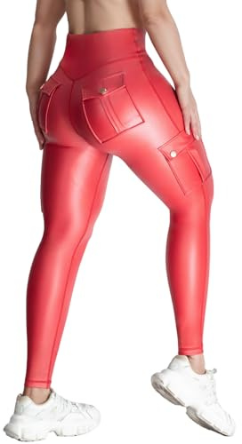 Nuofengkudu Leggings Cargo Similicuir Femmes Poches Taille Haute 7/8 Extensibles Doux Fitness Entraînement Sportif Effet Push-Up Contrôle Ventre Rehausseur Fesses Opaques Coupe Ajustée Rouge S