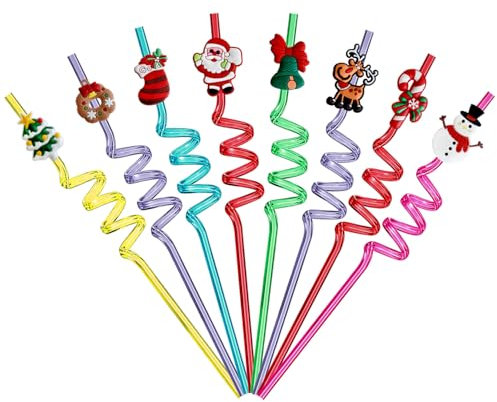 VerteLife 8 Stück Weihnachten Strohhalme Wiederverwendbare Trinkhalme Neuheit Kunststoff Strohhalm Schneemann Weihnachtsmann Schneeflocke Hirsch Strohhalm Geschenk für Weihnachten Weihnachtsfeier