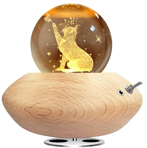 BIAOQINBO 3D Kristallkugel Spieluhr,Katzen und Schmetterling Nachtlicht Spieluhr mit Warmem-Projektionsleuchte Holzsockel Rotierende K9 Spieluhren für Weihnachten Geburtstags (Katzen)