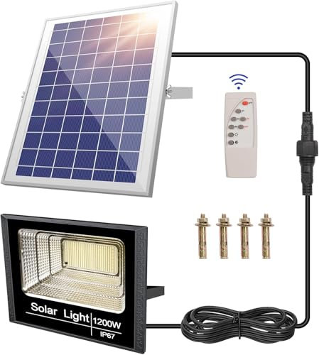 sunSign Solarleuchten Außenstrahler, 294 LED Superhelle Solarleuchten IP67 Wasserdicht mit Fernbedienung, 5 Modi Dimmbar 6500K Außenstrahler mit 5M Kabel für Garten, Lagerhaus, Garage