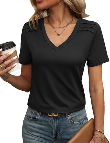 Zeagoo T Shirt Damen Schwarz Elegant Tshirt Kurzarm V Ausschintt Sommer Shirts Einfarbig Lässig Oberteile Basic Tops Mit Falten Schwarz XXL