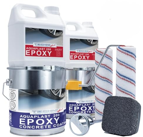 Aquaplast 200 DIY Epoxidharz-Set für Garagen und Hauswirtschaftsräume - 10 Quadratmeter - Dekorative Flakes - Handschleifblock - Mischpaddel- Farbe ~7040 und dekorative Flocken in Schwarz und Weiß