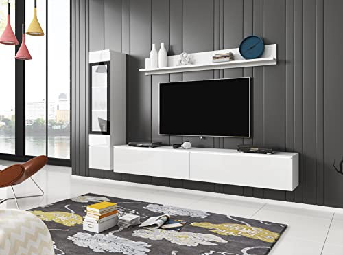 Moderne weiße Wohnwand Wohnzimmermöbel Set mit Hängeschrank oder Stehschrank Lowboard und Wandboard Sleek Entertainment Center für TV und Dekor