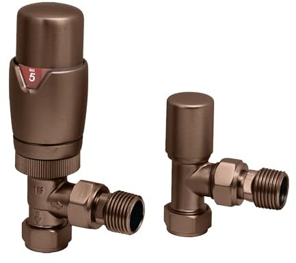 Brushed Bronze Thermostatic Radiator Valve Angled - 15mm x R 1/2 TRV Lockshield