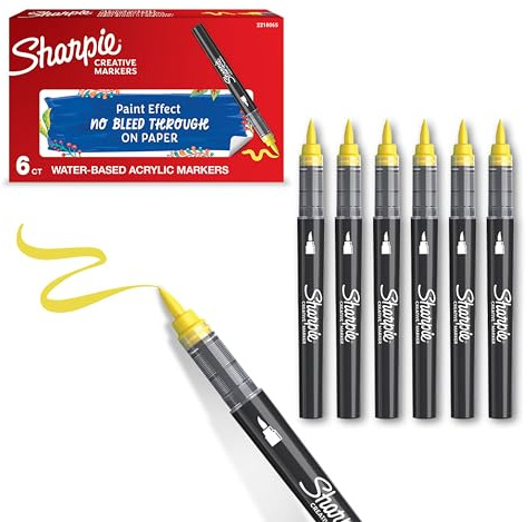 Sharpie Creative Marker Acryl-Farbstifte | Wasserbasierte Farbmarker mit Pinselspitze | Bastel- & Künstlerbedarf | Gelb | 6 Stück