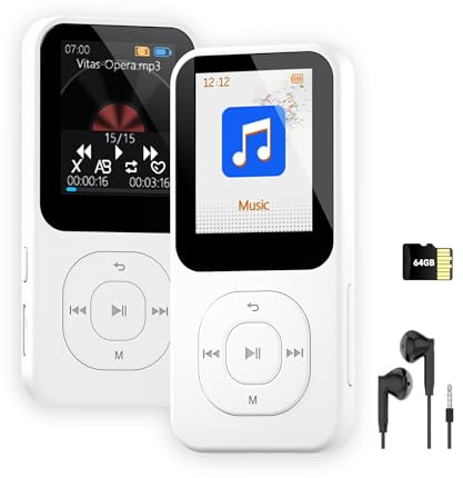 Retro-Style MP3 Player with Bluetooth 5.3, 64 GB Mini Music Player for Sports with Built-in Speaker, Voice Recorder, Works Offline, 30H Longer Battery Life, Quick Transmission, Timer Off (White)