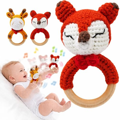 Joylife Rassel Baby aus Holz mit Beißring, handgehäkelte Fuchs Baby Rassel für Neugeborene, weiches Baby Spielzeug für kleine Hände, Beißring aus natürlichem Buchenholz, Geschenk zur Geburt (Red)