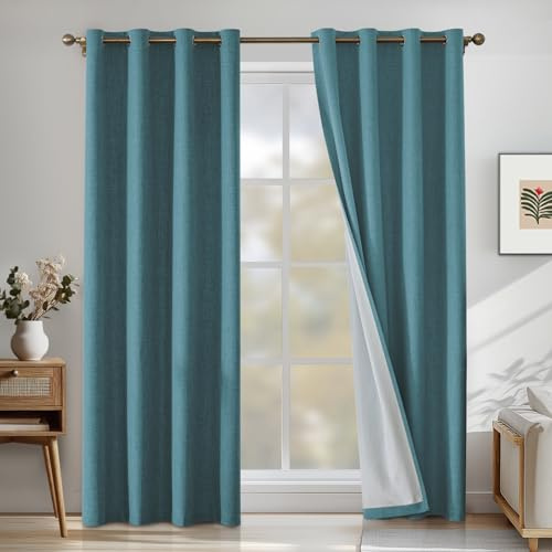 CYCMACO Verdunklungsvorhänge Leinen 2er Set, 140x160cm, Kälteschutz Thermovorhang Mit Ösen, Lärmschutzvorhang, Wohnzimmer Lichtundurchlässig Vorhänge, Schlafzimmer Vorhänge, Pfau Blau