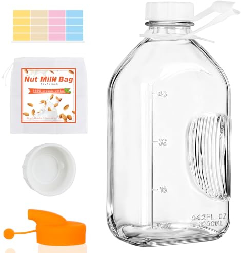 CARBLIN 64 oz Glass Milk Bottle with Lid, 2 Quart Water Pitcher with Handle | 1 Pack Juice Jug with Scale/Nut Milk Bag/Pour Spout/Airtight Lid, Reusable Carafe Container for Tea Coffee Kombucha-1/2 Gal