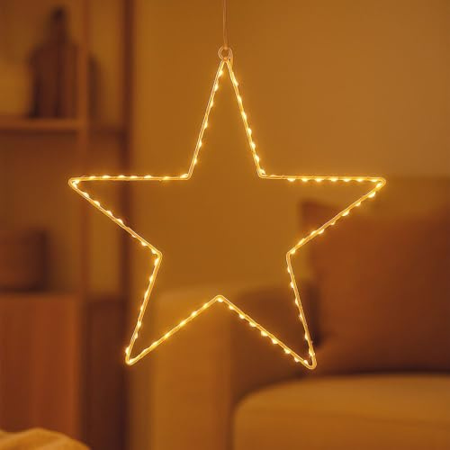 Ideen mit Herz LED-Metallstern zum Aufhängen | weiß mit silberner Drahtlichterkette | Ø ca. 30 cm | 80 LEDs | warmweiß | batteriebetrieben | inkl. Timer-Funktion