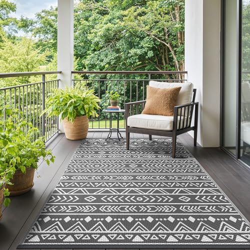 GENIMO Outdoor Teppich Wetterfest Balkon Teppich 180x275cm | Outdoor Matte Reversibel UV-Schutz Wetterfest Garten Camping Terrasse Grauweiß