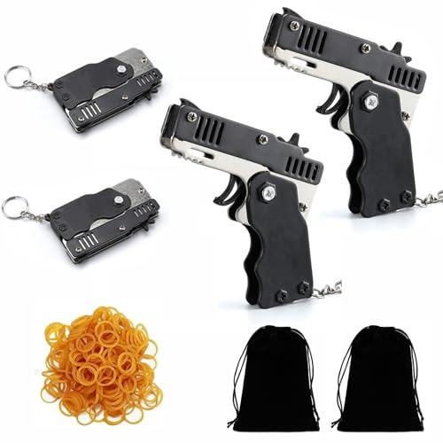 GZLANYA 2 Pcs Elastic Rubber Band Gun - Black Collapsible Rubber Band Shooter with 120 Bands, Mini Metal Folding Launcher Keychain Toy for Kids & Adults, Indoor Outdoor Fun