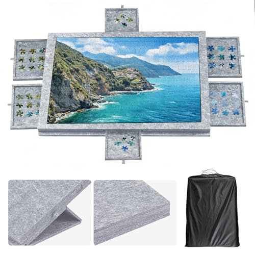 Youyijia Puzzlebrett mit Schubladen & Tragetasche, Neigbare Filz-Puzzleplatte für bis zu 1000 Teile, 2-in-1 Puzzleboard mit Ständer & Abdeckung (Light Grey)